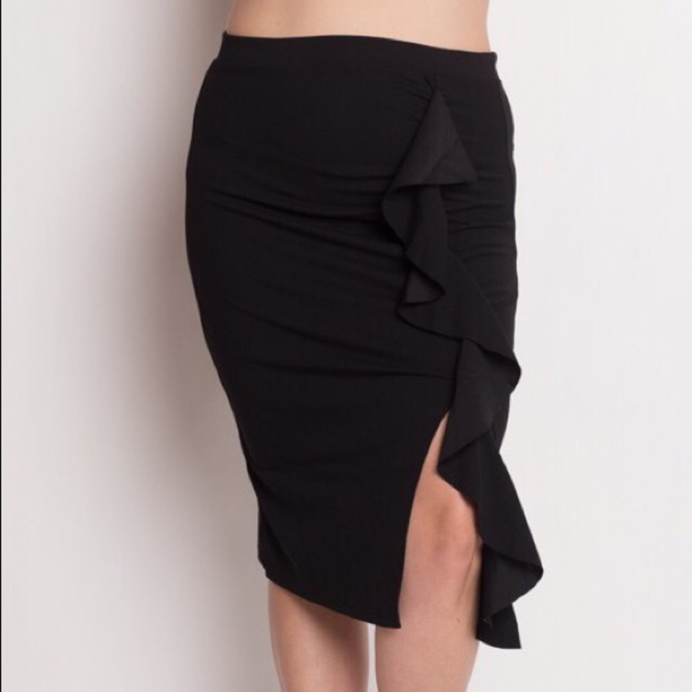 Black Pencil Skirt with Ruffled Side Slit